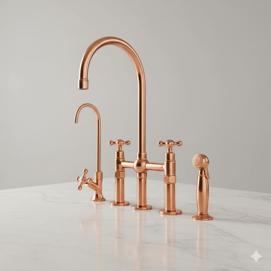 Kitchen Faucet Set – Solid Copper – Dual Handle with Side Sprayer & Filter Tap