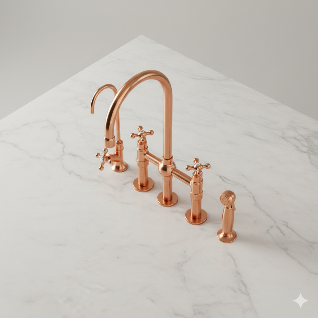 Kitchen Faucet Set – Solid Copper – Dual Handle with Side Sprayer & Filter Tap