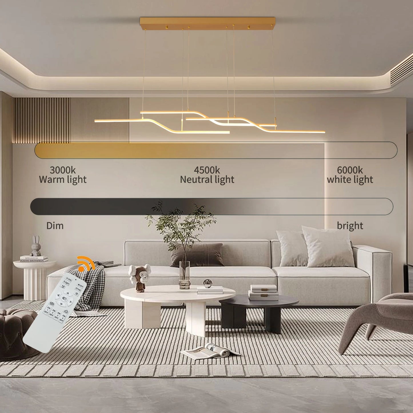 Gold 3-Light Linear LED Pendant Kitchen Light Modern Simple Style Dining Room Lighting Chandelier Dimmable