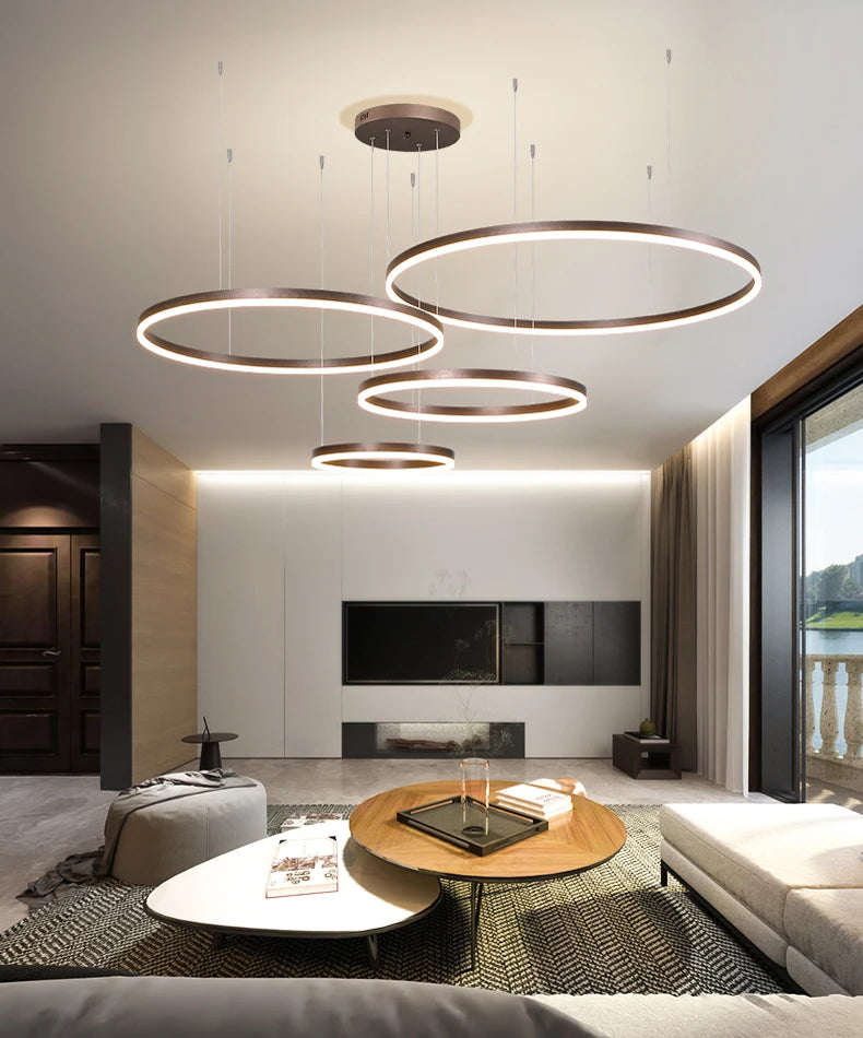LED pendant light, minimalist modern home lighting, brushed ring ceiling, dining room pendant light, gold and black frame light