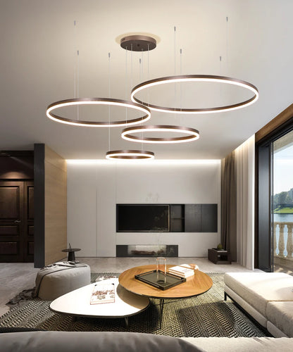 LED pendant light, minimalist modern home lighting, brushed ring ceiling, dining room pendant light, gold and black frame light