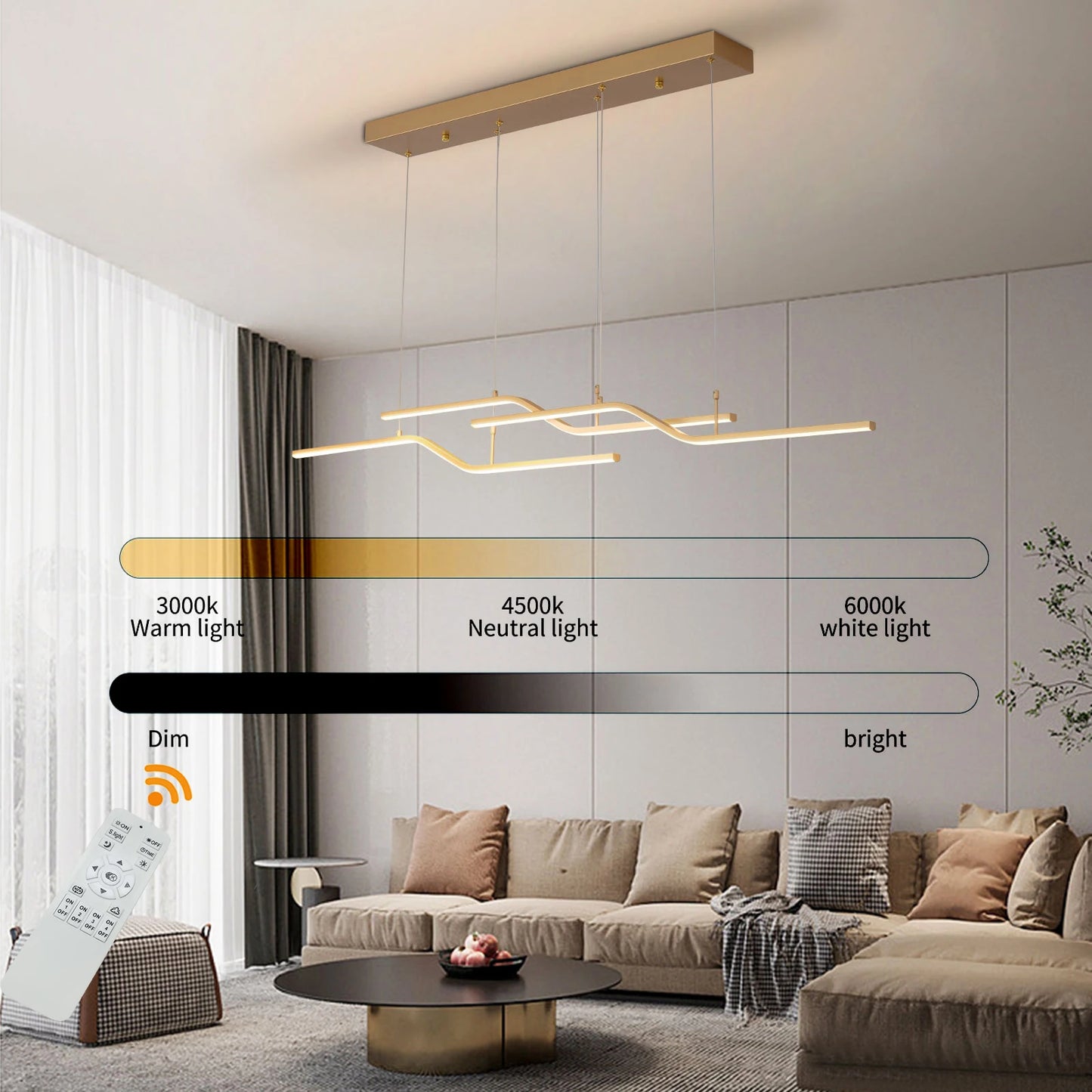 Gold 3-Light Linear LED Pendant Kitchen Light Modern Simple Style Dining Room Lighting Chandelier Dimmable