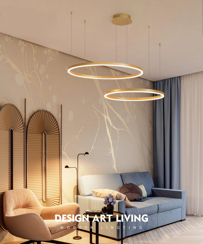 LED pendant light, minimalist modern home lighting, brushed ring ceiling, dining room pendant light, gold and black frame light
