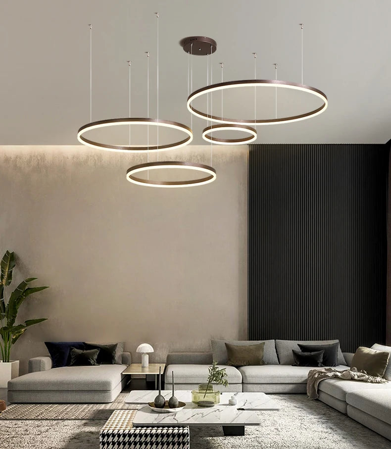 LED pendant light, minimalist modern home lighting, brushed ring ceiling, dining room pendant light, gold and black frame light