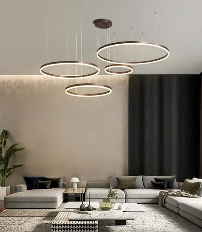 LED pendant light, minimalist modern home lighting, brushed ring ceiling, dining room pendant light, gold and black frame light