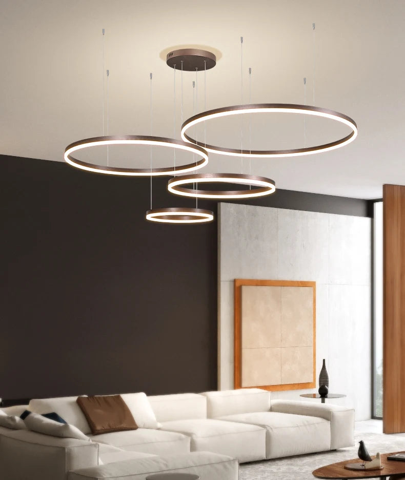 LED pendant light, minimalist modern home lighting, brushed ring ceiling, dining room pendant light, gold and black frame light
