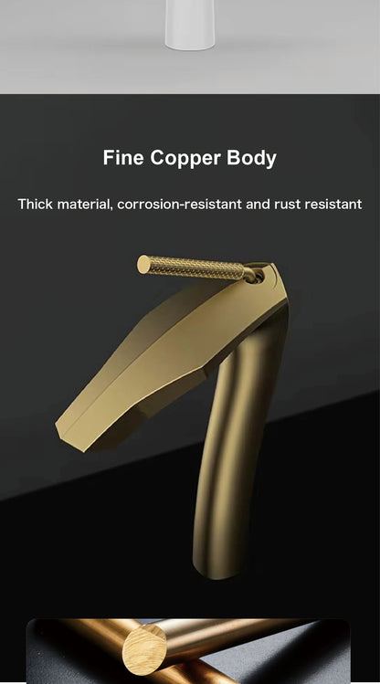 Luxury Brushed Gold Brass Bathroom Faucet Modern Ceramic Cartridge Basin Mixer Tap Hot&Cold Water Deck- Mounted Sink Fixtures