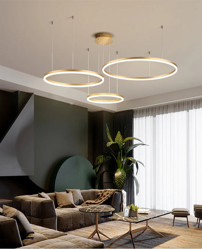 LED pendant light, minimalist modern home lighting, brushed ring ceiling, dining room pendant light, gold and black frame light