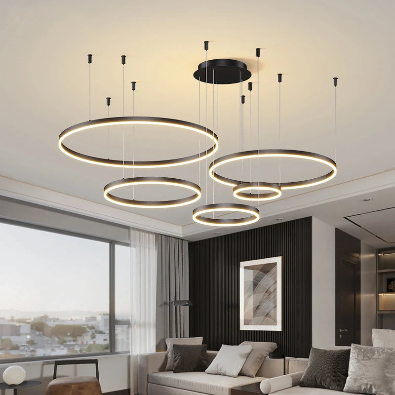 LED pendant light, minimalist modern home lighting, brushed ring ceiling, dining room pendant light, gold and black frame light