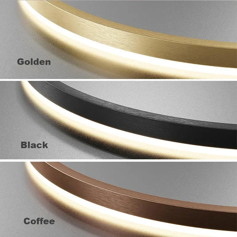 LED pendant light, minimalist modern home lighting, brushed ring ceiling, dining room pendant light, gold and black frame light