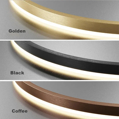LED pendant light, minimalist modern home lighting, brushed ring ceiling, dining room pendant light, gold and black frame light