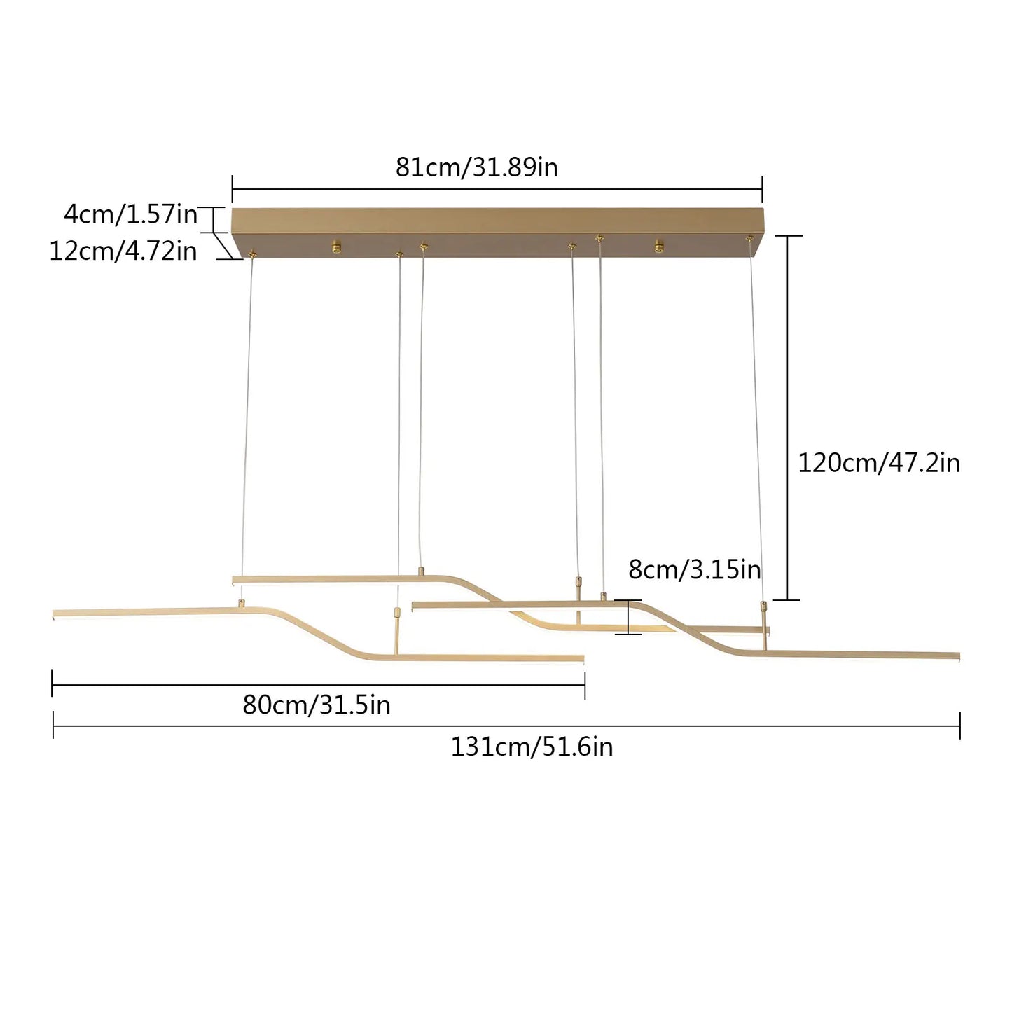 Gold 3-Light Linear LED Pendant Kitchen Light Modern Simple Style Dining Room Lighting Chandelier Dimmable