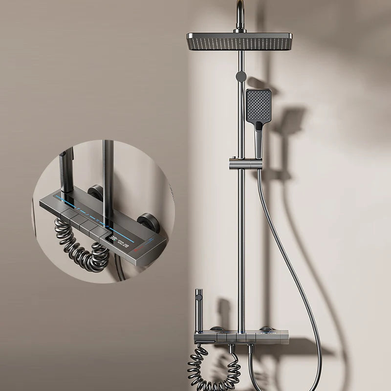 Space Aluminum Shower Set Gray Shower System Set Digital Display Piano Button With Ambient Light Bathroom Faucets Shower Head