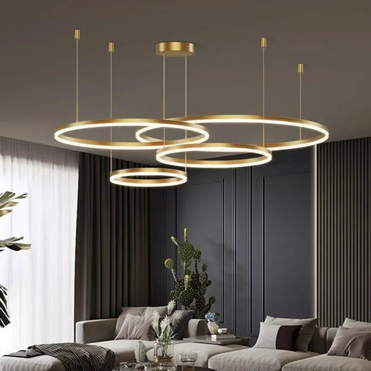 LED pendant light, minimalist modern home lighting, brushed ring ceiling, dining room pendant light, gold and black frame light