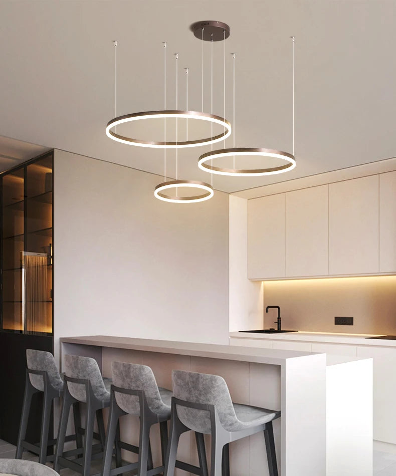 LED pendant light, minimalist modern home lighting, brushed ring ceiling, dining room pendant light, gold and black frame light