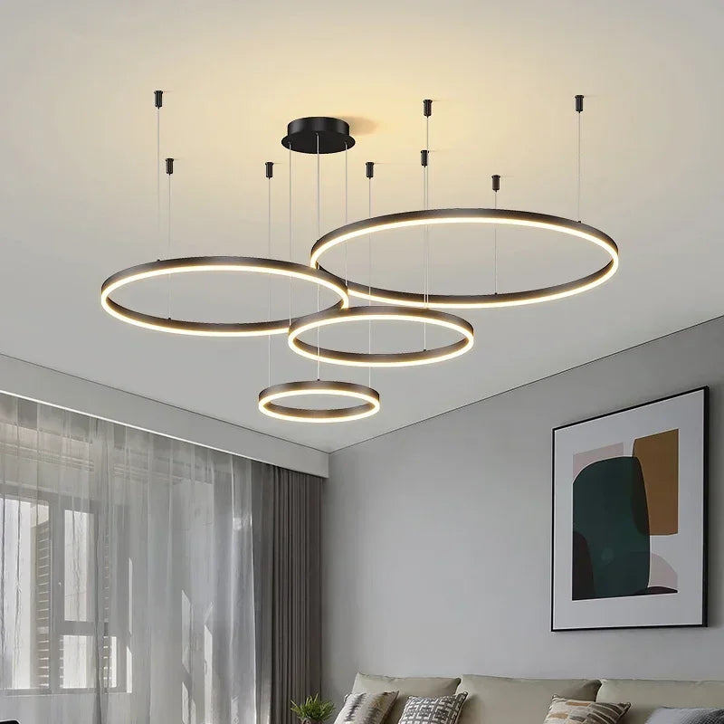 LED pendant light, minimalist modern home lighting, brushed ring ceiling, dining room pendant light, gold and black frame light