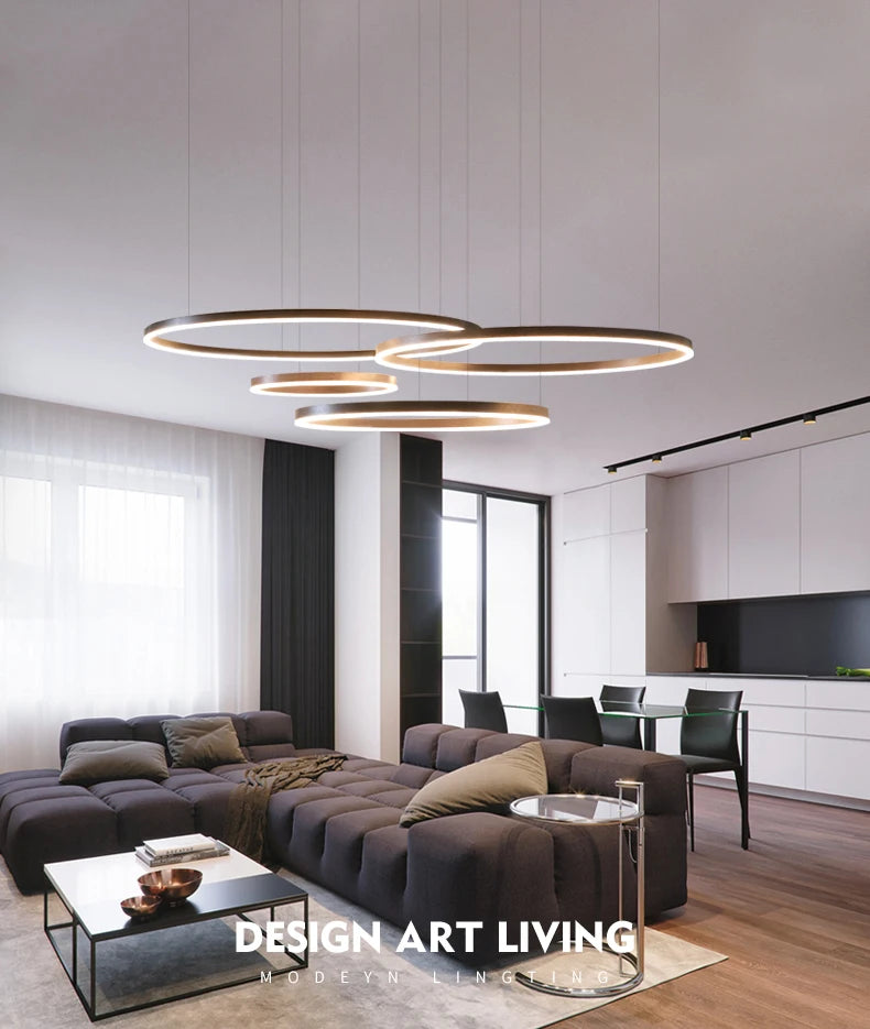 LED pendant light, minimalist modern home lighting, brushed ring ceiling, dining room pendant light, gold and black frame light
