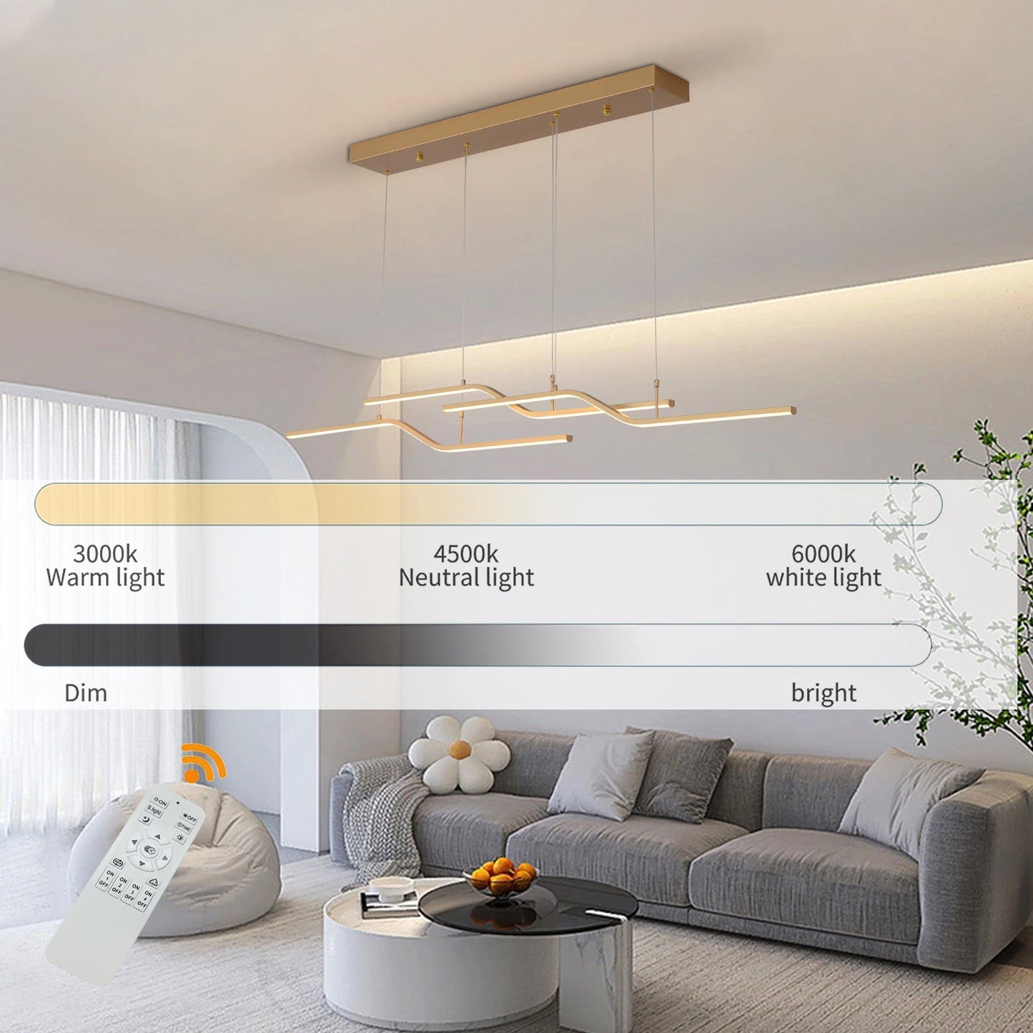 Gold 3-Light Linear LED Pendant Kitchen Light Modern Simple Style Dining Room Lighting Chandelier Dimmable