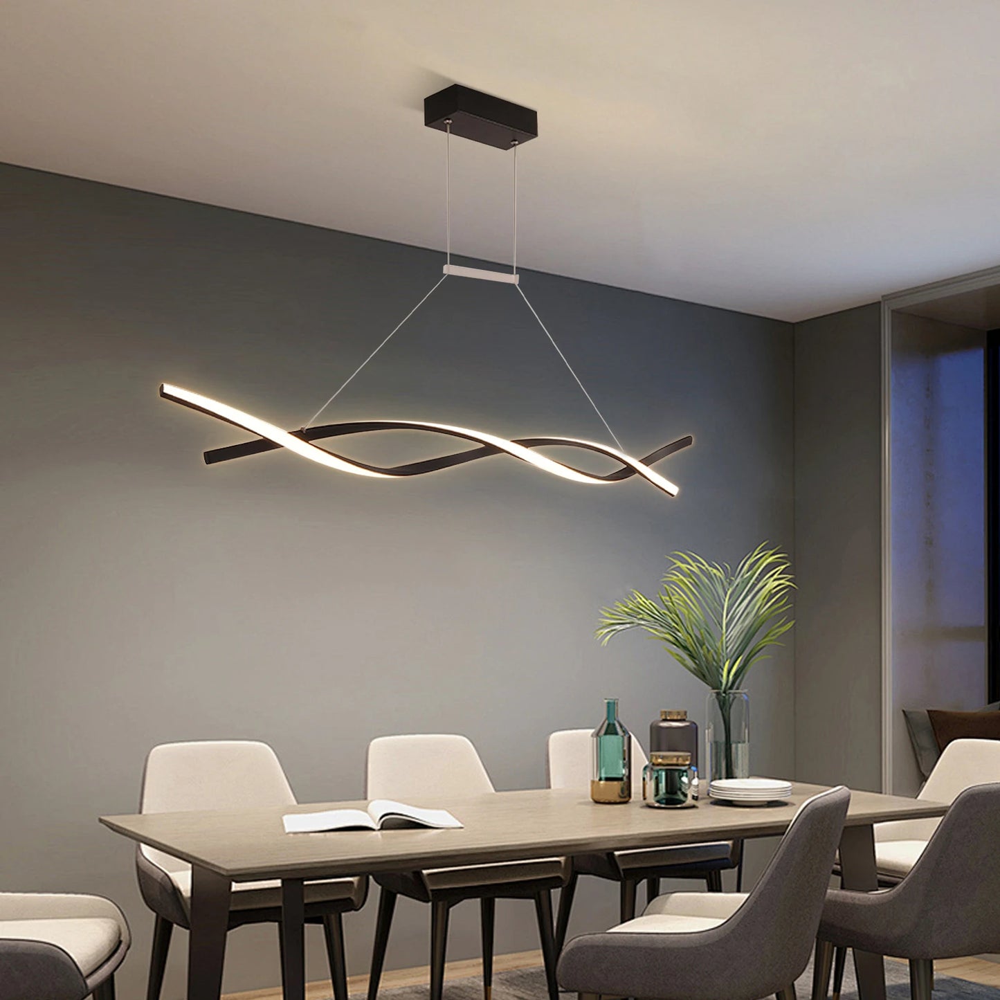 46W Modern Pendant Light with Remote Control 110V Adjustable Height Ceiling Mount Three Color Temperature Light AI Terminal