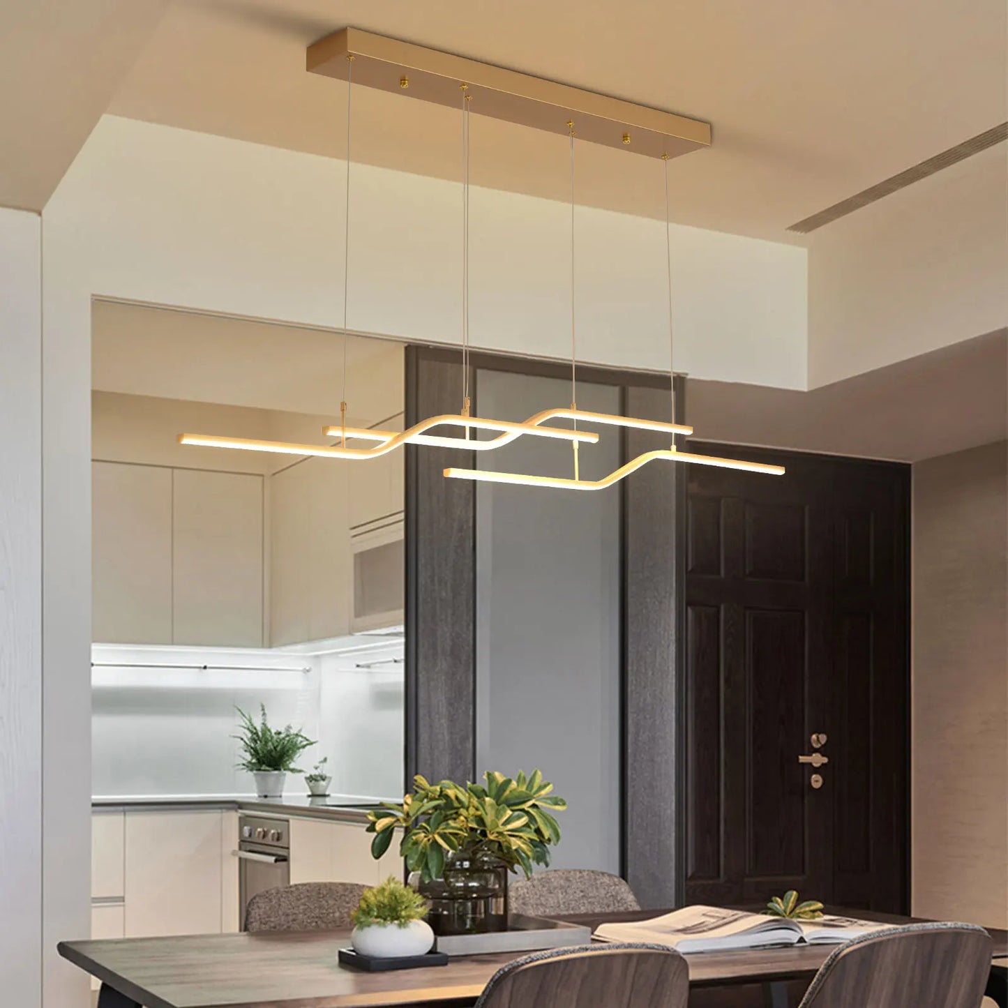 Gold 3-Light Linear LED Pendant Kitchen Light Modern Simple Style Dining Room Lighting Chandelier Dimmable