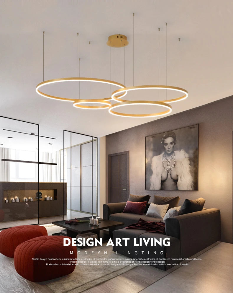 LED pendant light, minimalist modern home lighting, brushed ring ceiling, dining room pendant light, gold and black frame light