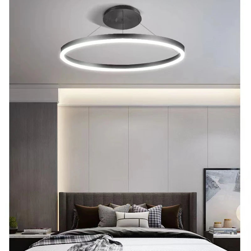 LED pendant light, minimalist modern home lighting, brushed ring ceiling, dining room pendant light, gold and black frame light